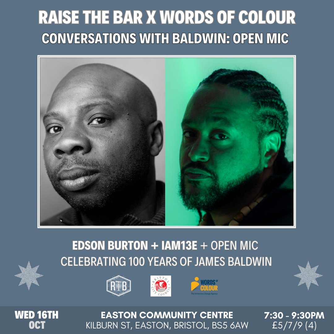 Raise the Bar (@rtbspokenword) on Twitter photo <a href="/sukinanoor/">Sukina Noor ❤️🔥 سكينة نور 🇵🇸</a> We are back in ONE week (Oct 16th) with the final installment of Conversations with Baldwin, an open mic event at Easton Community Centre with featured guests Edson Burton and iAM13e.
Ticket link and open mic sign-up form: linktr.ee/rtbspokenword
In collab with <a href="/WordsofColour/">Words of Colour</a> <a href="/sukinanoor/">Sukina Noor ❤️🔥 سكينة نور 🇵🇸</a> We are back in ONE week (Oct 16th) with the final installment of Conversations with Baldwin, an open mic event at Easton Community Centre with featured guests Edson Burton and iAM13e.
Ticket link and open mic sign-up form: linktr.ee/rtbspokenword
In collab with <a href="/WordsofColour/">Words of Colour</a>
