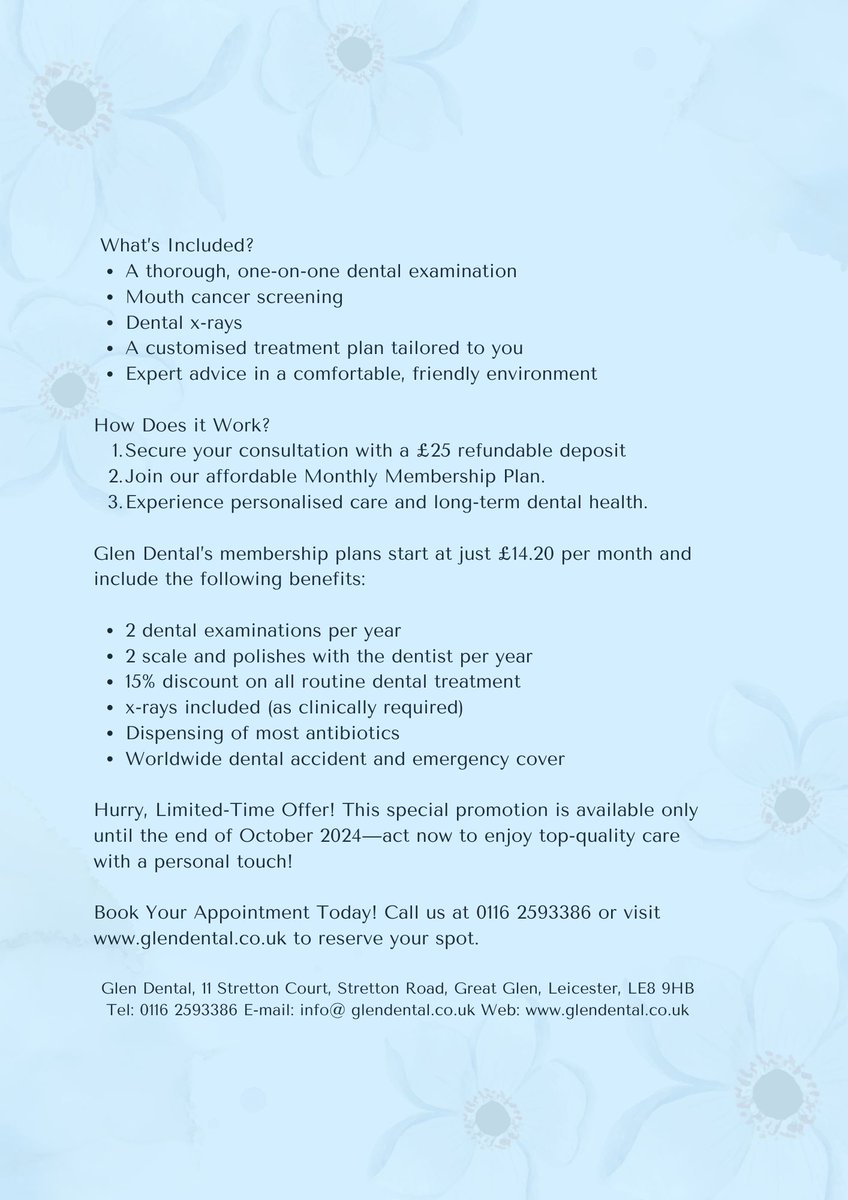 🌟 Limited-Time Offer! 🌟

Join our dental practice &amp; SAVE £78 with a FREE new patient consultation when you join our membership plan 🦷
Don’t miss out—spaces are limited! Book now for expert care &amp; a brighter smile. 
Call 0116 2593386
Book at glendental.co.uk
#dentalcare