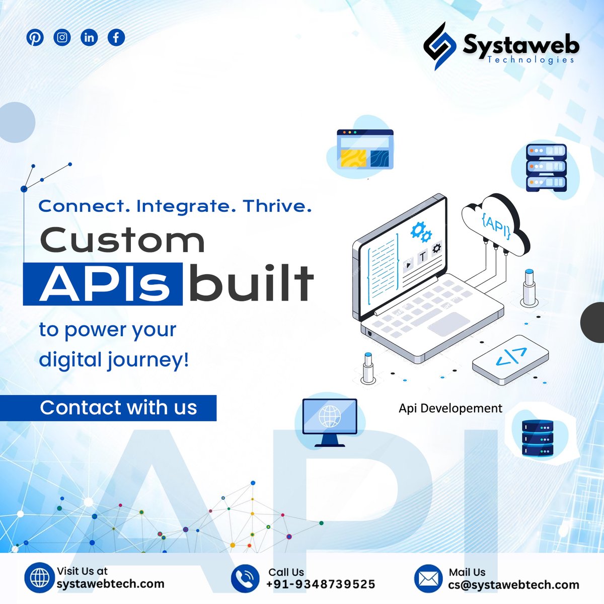 SystawebS's tweet image. Power Up Your Digital Transformation with Custom APIs! At Systaweb Technologies, we specialize in building Custom APIs that seamlessly connect, integrate, and empower your business to thrive in the digital age. systawebtech.com

#CustomAPIs #APIIntegration #TechSolutions