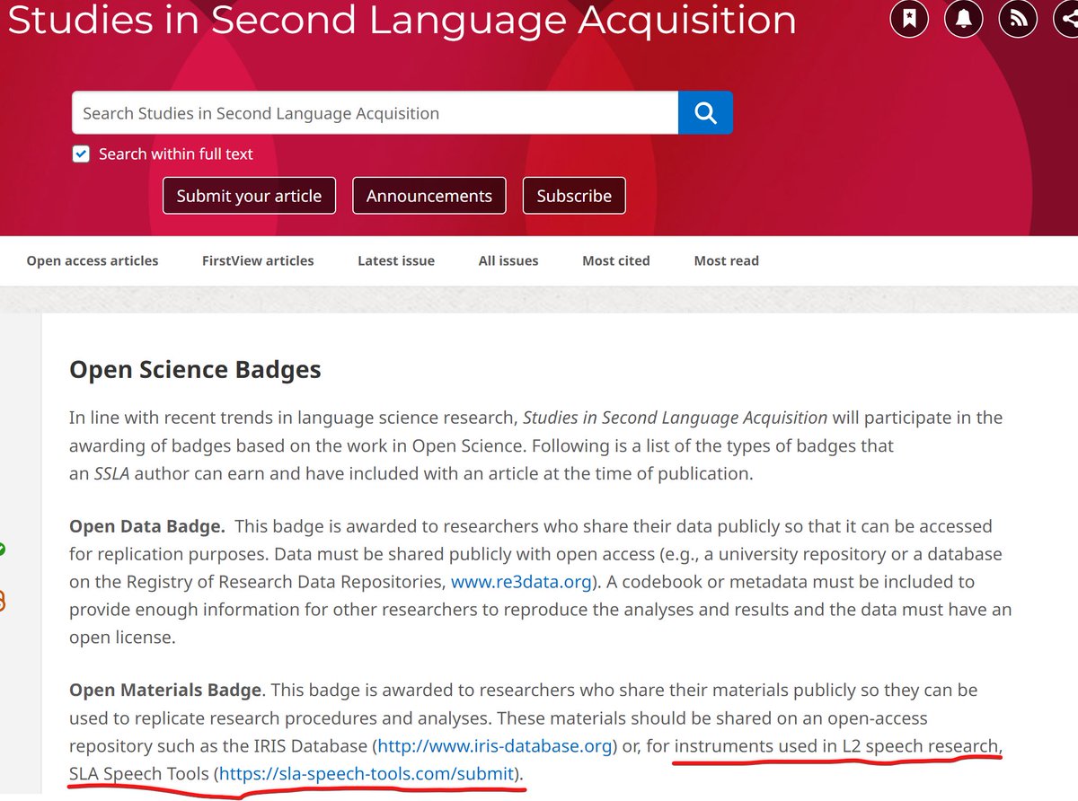 Kazuya Saito (@kazuyasla) on Twitter photo <a href="/L2SpeechTools/">Tools for L2 Speech Research and Teaching</a> is now recognized by COS as an eligible OS platform for Open Science Badge and featured as SSLA's official repository (thank you <a href="/LukePlonsky/">Luke Plonsky</a> !) This platform will help contributors connect with those specifically interested in L2 speech
cambridge.org/core/journals/… <a href="/L2SpeechTools/">Tools for L2 Speech Research and Teaching</a> is now recognized by COS as an eligible OS platform for Open Science Badge and featured as SSLA's official repository (thank you <a href="/LukePlonsky/">Luke Plonsky</a> !) This platform will help contributors connect with those specifically interested in L2 speech
cambridge.org/core/journals/…