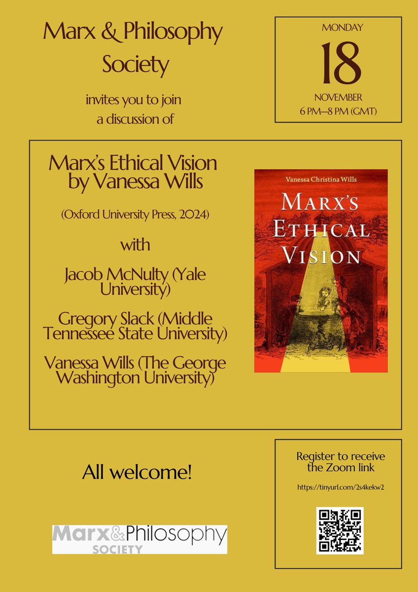 Join <a href="/MarxPhilosophy/">Marx & Philosophy</a> for discussion of new book by the great <a href="/vcwills/">Vanessa Wills</a>, Marx's Ethical Vision, with the author, <a href="/rationalcreatur/">MCNULTY</a> and Greg Slack
18 November, 6pm UK time, on Zoom -- link to register below. (PS the book has now been released in print in the UK -- order your copy!)