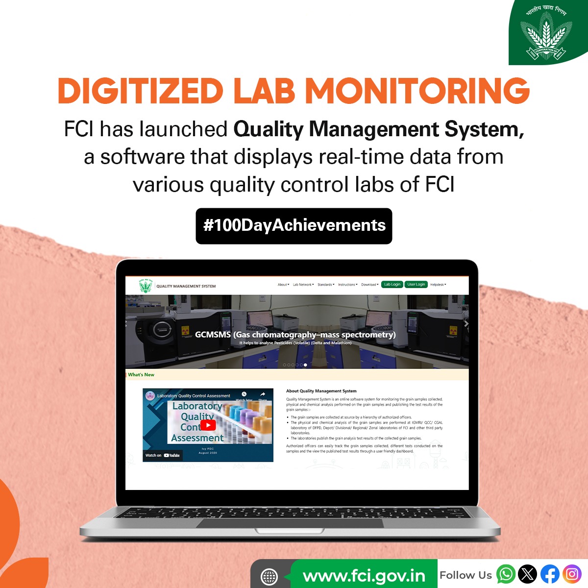 FCI_India's tweet image. Taking a step towards technological transformation, Food Corporation of India recently launched Quality Management System to capture the data of all quality control lab operations from depot to HQ level.
.
.
.
.
#100DayAchievement #100DayActionPlan #QualityManagementSystem #QMS…