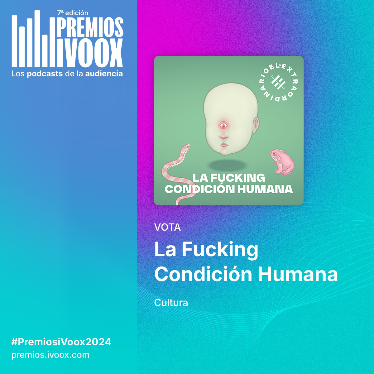 Un voto es como una palmadita en la espalda. 
O como un "¡Vamooh!". 

Si te apetece hacer cualquiera de estos gestos con #LaFuckingCondiciónHumana, 
aquí tienes el link para votarnos en los Premios iVoox.
¡Gracias!

go.ivoox.com/wv/premios24?c…