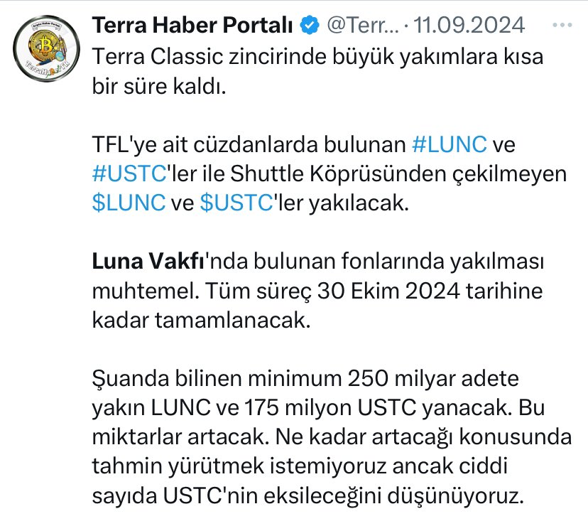 KAursunLEM's tweet photo. •Gelinen noktada #TerraformLabs’in ay sonuna kadar yakacağı #Lunc ve #Ustu miktarları merak konusu?
•Tabii bir de LunaVakfı’nın içinde daha önce mağdurlara dağıtılmasına karar verdiği #Ustc’nin de olduğu fonları da var!
•Tarihler yaklaştıkça heyecan ve tedirginlik de artıyor++ https://t.co/StG0js0cRs