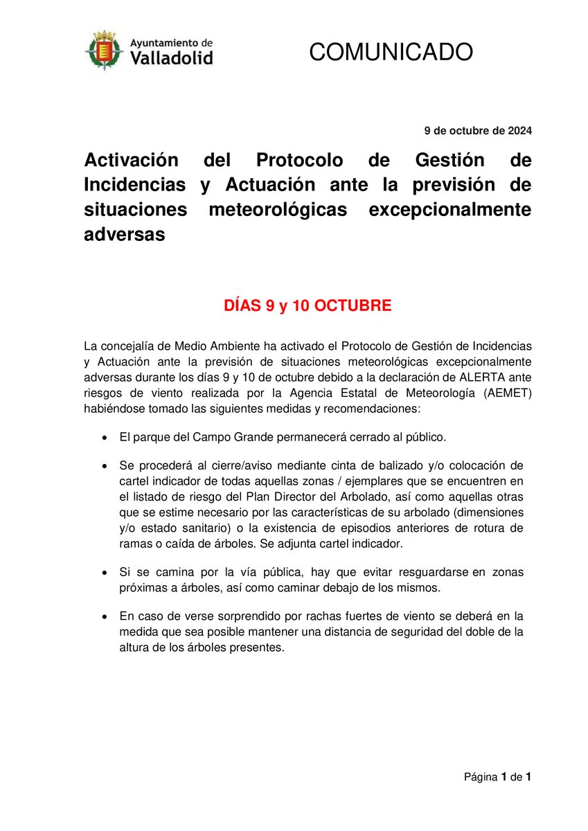 AyuntamientoVLL's tweet photo. ⚠️🌬️Activado el protocolo de Gestión de Incidencias y Actuación ante la previsión de situaciones meteorológicas excepcionalmente adversas durante los días 9 y 10 de octubre debido a la declaración de ALERTA ante riesgos de viento de la @AEMET_Esp.

Medidas  y recomendaciones👇👇 https://t.co/Wvrsb73WeT