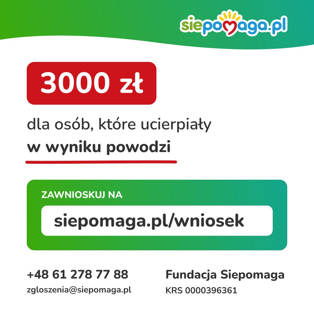 Z dumą ogłaszamy, że stworzyliśmy nowatorski system, dzięki któremu osoby dotknięte powodzią mogą łatwo i szybko uzyskać wsparcie finansowe.
💪 Jesteś osobą poszkodowaną?
👉 Kliknij tutaj, by złożyć wniosek: siepomaga.pl/wniosek

#FundacjaSiepomaga #PomocDlaPowodzian