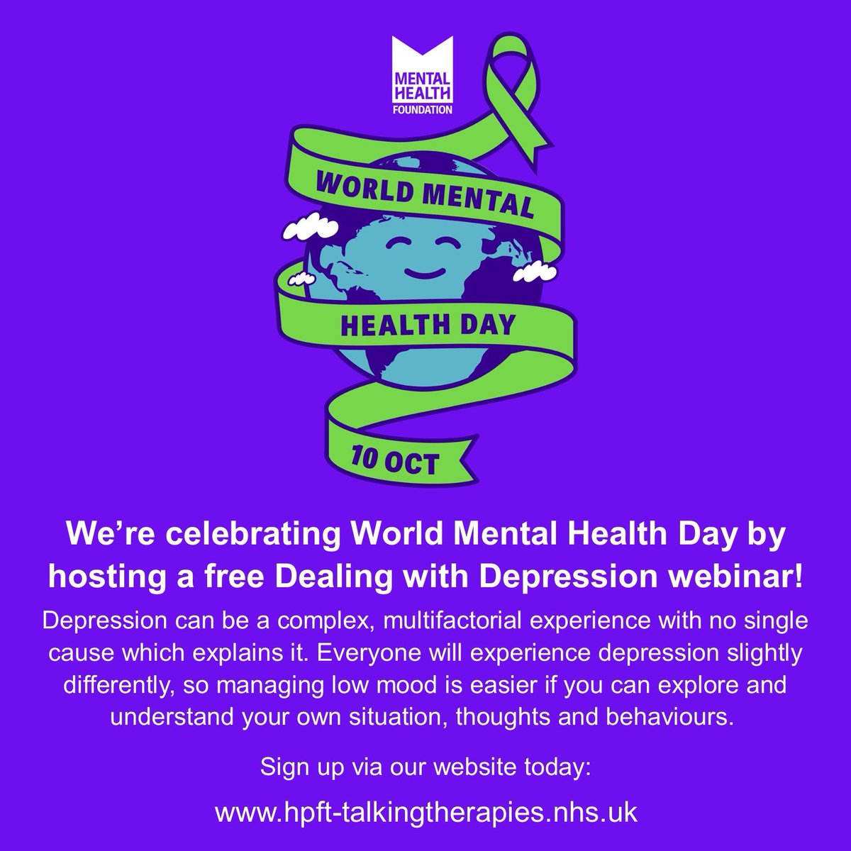 Join our Dealing with Depression webinar on #WorldMentalHealthDay tomorrow to look at tools and techniques to help you understand your own feelings and make positive changes: hpft-talkingtherapies.nhs.uk/resources-and-…