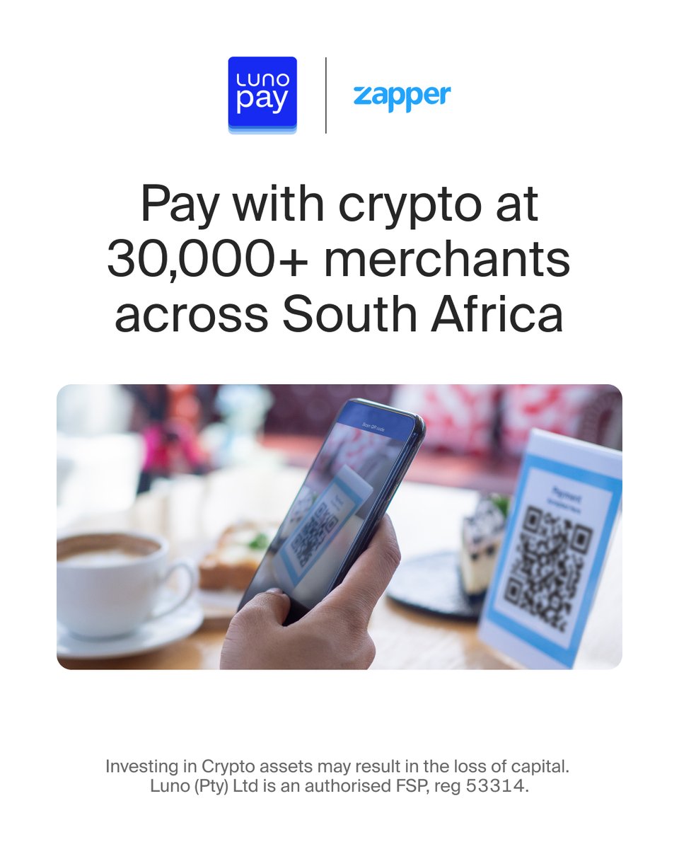 South Africa, you can now buy goods with crypto at over 30,000+ merchants.  📱Luno Pay has partnered with @ZapperTM to enable you to use crypto when  buying goods at popular stores including