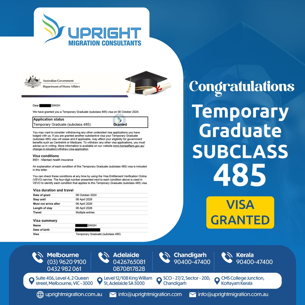 UMC_Melbourne's tweet photo. Temporary Graduate Visa (Subclass 485) approved. Congratulations to our client! We are here to help with your migration journey.
.
#uprightmigration #uprightmigrationconsultant #485visa #graduatevisa #visastudent #studentsvisa https://t.co/t96E0dqwX3