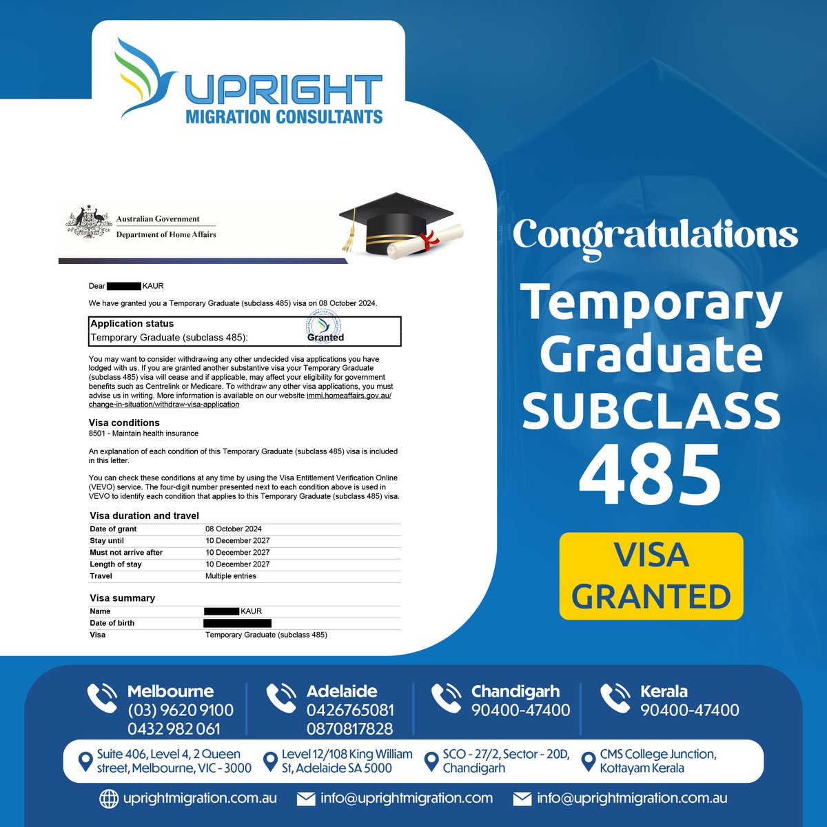 UMC_Melbourne's tweet photo. Temporary Graduate Visa (Subclass 485) approved. Congratulations to our client! We are here to help with your migration journey.
.
#uprightmigration #uprightmigrationconsultant #485visa #graduatevisa #visastudent #studentsvisa https://t.co/t96E0dqwX3