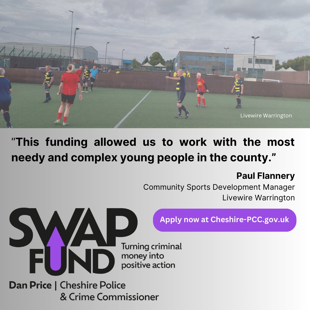 PCC Dan Price has launched his community fund.

LiveWire Warrington applied for previous community funding to help provide sporting activities for young people to reduce anti-social behaviour. 

Do you have a project in mind? Take a look at the #SWAPfund orlo.uk/RaYA9