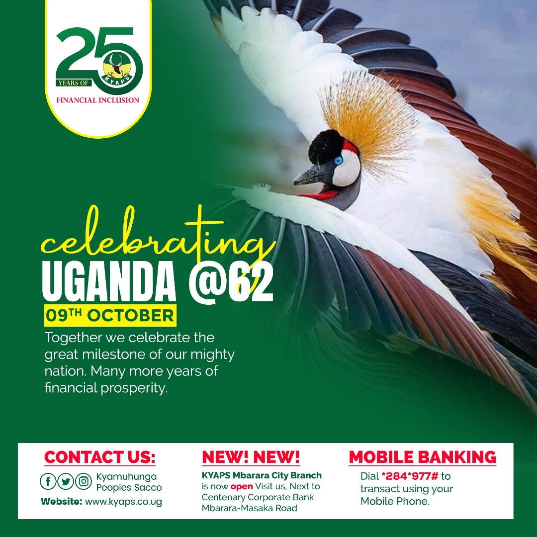 Together we celebrate the great milestone of our mighty nation. Happy Independence day Uganda. 

Thank you for banking with KYAPS. To our many more years of financial prosperity and inclusion.

#KYAPS