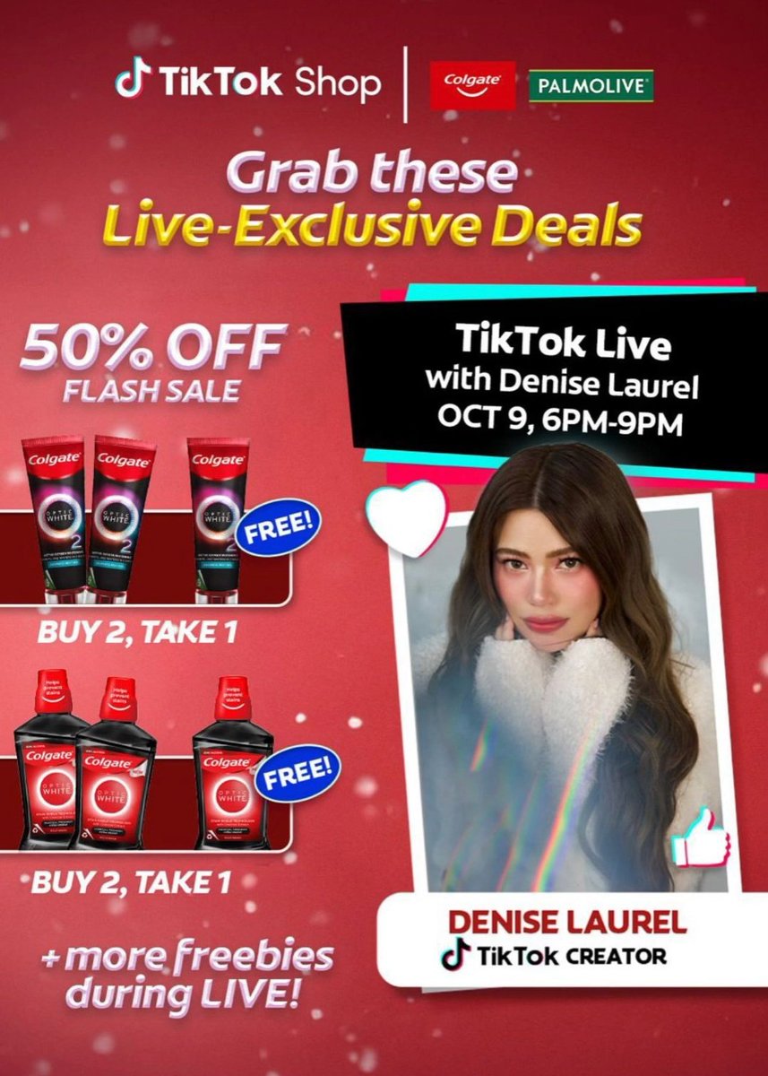 Denise_Angels09's tweet image. Don't Forget tonight 
October 9, 6-9pm

#DeniseLaurel Tiktok Live for #ColgatePH

Get exclusive deals and discounts! See you there!