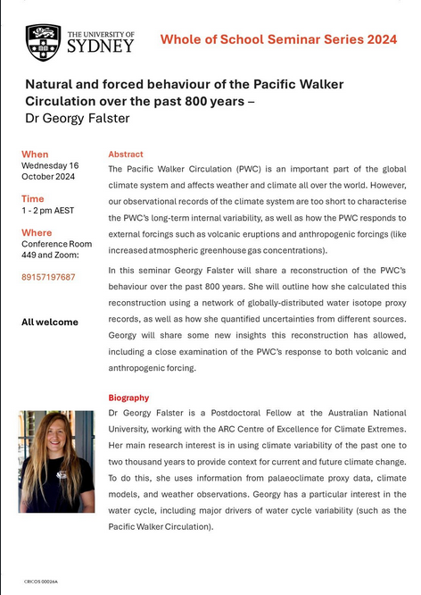 SydneyUniGeo (@sydneyunigeo) on Twitter photo Join us for our next School seminar by Dr Georgy Falster (<a href="/raindrop_herder/">Dr Georgy Falster</a>) on Natural and forced behaviour of the Pacific Walker Circulation over the past 800 years
📅 Wednesday October 16th
🕚 1pm - 2pm AEST
📍Madsen 449 and online (deets below). Join us for our next School seminar by Dr Georgy Falster (<a href="/raindrop_herder/">Dr Georgy Falster</a>) on Natural and forced behaviour of the Pacific Walker Circulation over the past 800 years
📅 Wednesday October 16th
🕚 1pm - 2pm AEST
📍Madsen 449 and online (deets below).