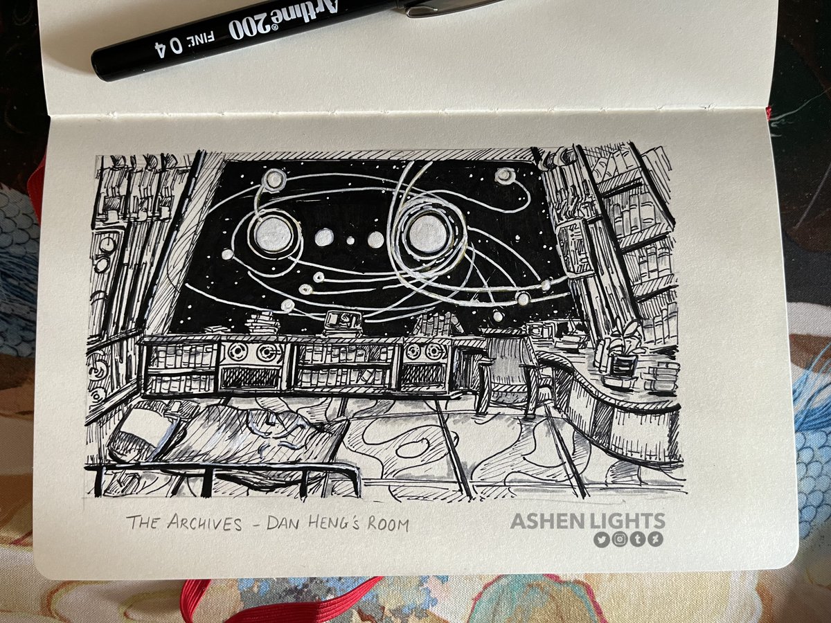 ashenlights's tweet photo. Dan Heng's Room on the Astral Express~ 
just scribbling away 🖊️I remember doing inktober drawings like this years ago and since it's october now, I wanted to try something like that again!
#HonkaiStarRail #danheng #inktober https://t.co/erufpLJc9q