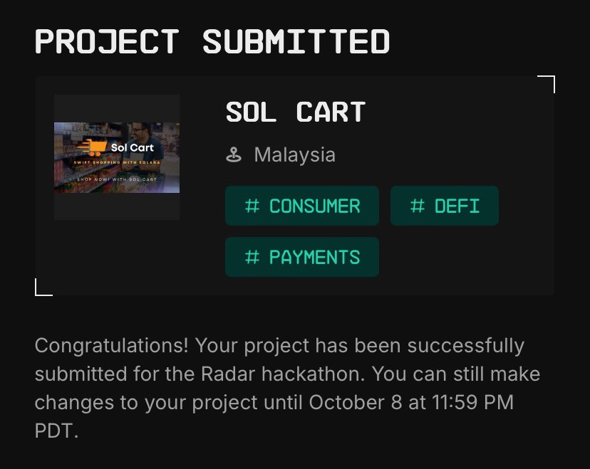 SolCart101's tweet image. Thanks God! Finally we have submitted the project for Solana Radar Hackathon by @ColosseumOrg. Thanks for @SuperteamMY for their continous support on us. Wish us luck! 🚀⚡️

#Solana #superteam #hackathon
