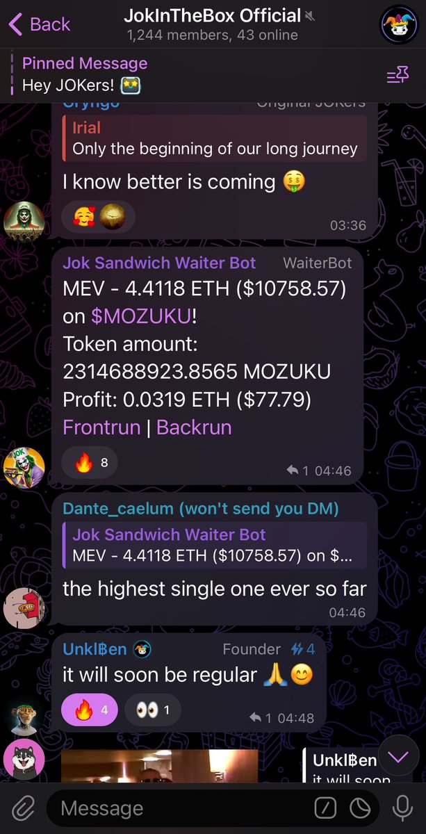 GbhoyDownUnder's tweet photo. 🃏 The @JokInTheBoxETH MEV bot testing is going incredibly well going by the multiple trades showing daily in the community TG 

Buy and sell transactions will lead to much bigger profits, which in turn means more buy backs &amp; burn of $JOK token 🔥

Low cap gem 💎 

#ETH #Crypto https://t.co/4bpQo6EkVc