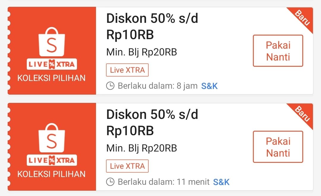 RacunBelanja's tweet photo. Diskon Live Xtra 50%
Maksimal Rp10.000
Minimal pembelian Rp20.000
⏰ Jam 12:00 &amp; 20:00
📌 Voucher otomatis ada di akun 

Rekomendasi toko Live Xtra:

Rizkystore 
https://t.co/slwMVEhX9W
Home &amp; Living Hemat
https://t.co/goGOpoHKtn
Juragan Sembako Online
https://t.co/t1cgavYrJX https://t.co/Kze6P25hfk