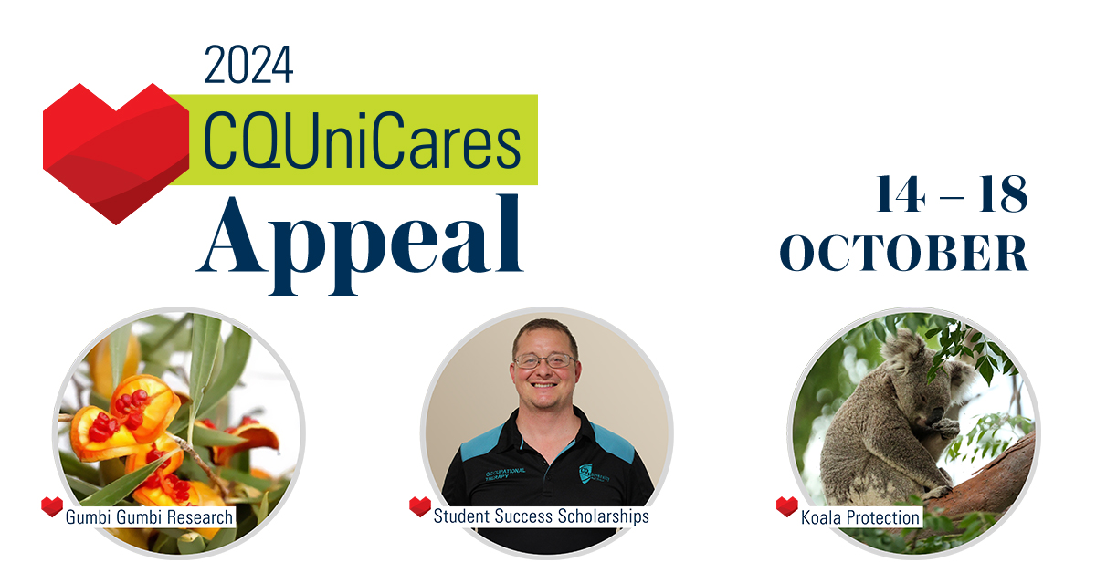 #CQUniCares Appeal is next week! This year from 14-18 October, funds are being raised for: 
🧑‍🎓 Student Success Scholarships 
🍃 Gumbi Gumbi Traditional Medicine Research 
🐨 Koala Protection 
Together we can create change! Find out more: ow.ly/Zbo950TAKzk