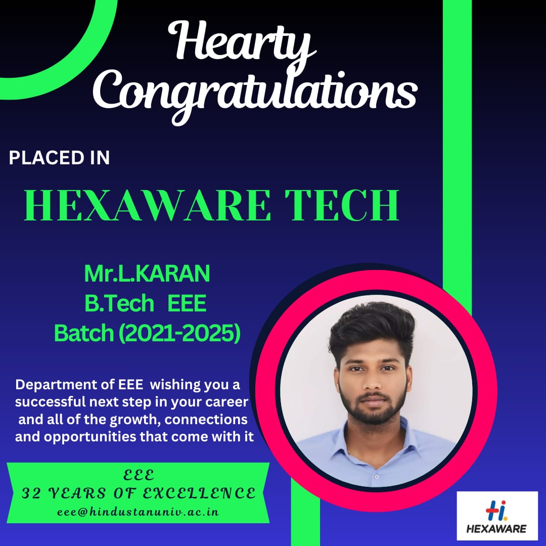 EeeHits's tweet photo. The Department of Electrical &amp; Electronics Engineering extends its best wishes for a successful journey in the future career endeavors. #HITS #HindustanUniversity #MyHindustan #HITSEEE #Placements #EEE https://t.co/hrc98mqlM0