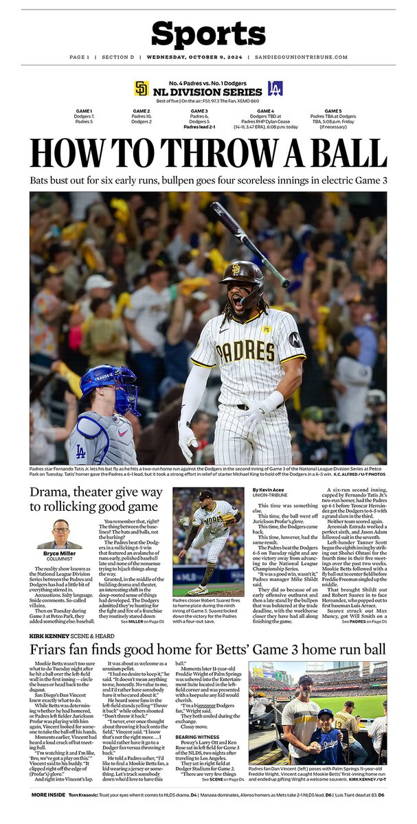 TBLariccia's tweet image. @sdut print edition off the Padres' 6-5 victory over the Dodgers in Game 3 of the NLDS at Petco Park. San Diego takes a 2-1 series lead and is one win from the NLCS. Photos 📸@KCAlfredPhoto Coverage: @sdutKevinAcee @Bryce_A_Miller @sdutSanders
@SDUTKrasovic @sdutkirKDKenney