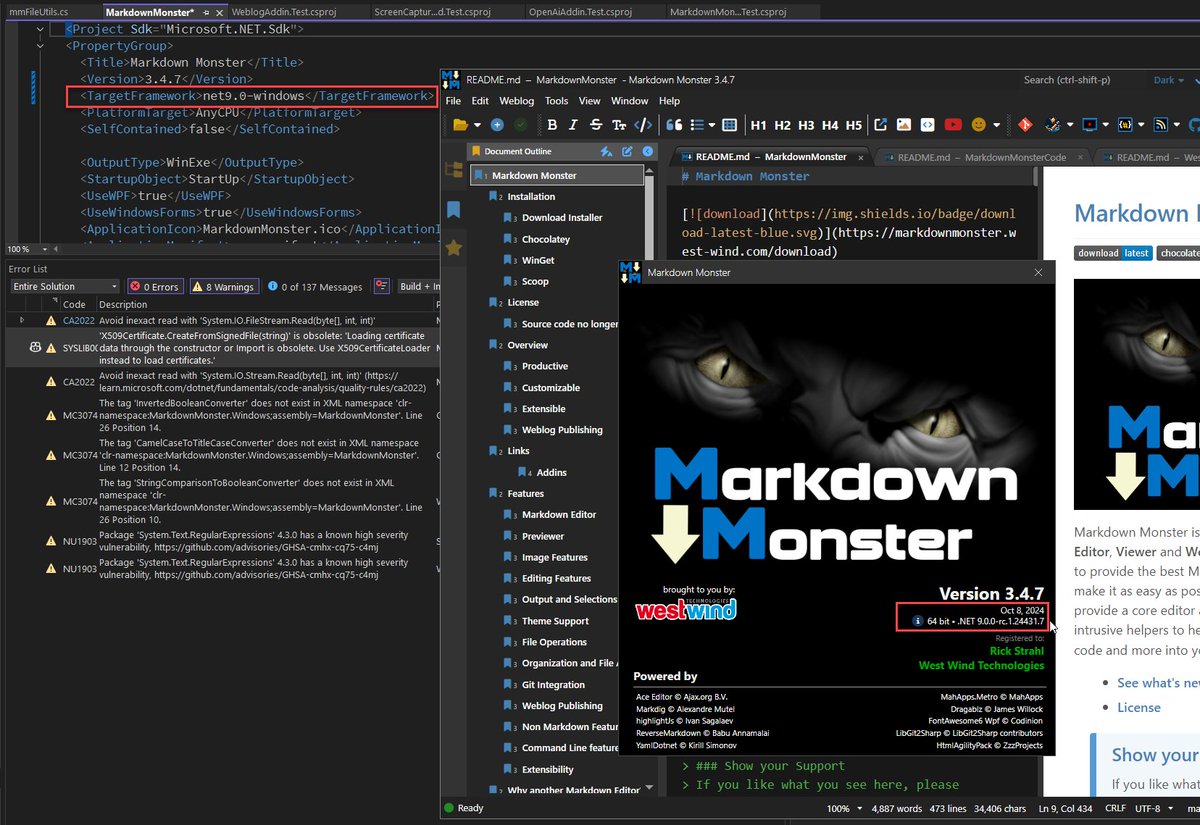 RickStrahl's tweet photo. First shot at updating Markdown Monster to run under .NET 9.0 properly with all projects and default addins updated.

Running on first try and feels slightly more snappy especially on startup.

No errors to fix - only a few new warnings. 

Nice! #dotnet https://t.co/2xjtNWdYK8