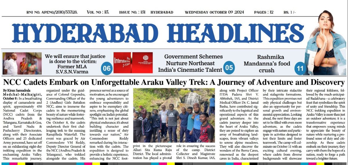 Hyd_Headlines's tweet photo. 450 NCC cadets from AP, TG, KA, Goa, TN, &amp; PY are trekking through #ArakuValley, guided by Col Gopendra. Air Commodore VM Reddy, Deputy Director General of NCC (AP &amp; TG), Celebrating their journey of resilience &amp; teamwork! @NccDteAPandT @dprohyd @DefenceMinIndia @HQ_DG_NCC https://t.co/nLdob2boZV