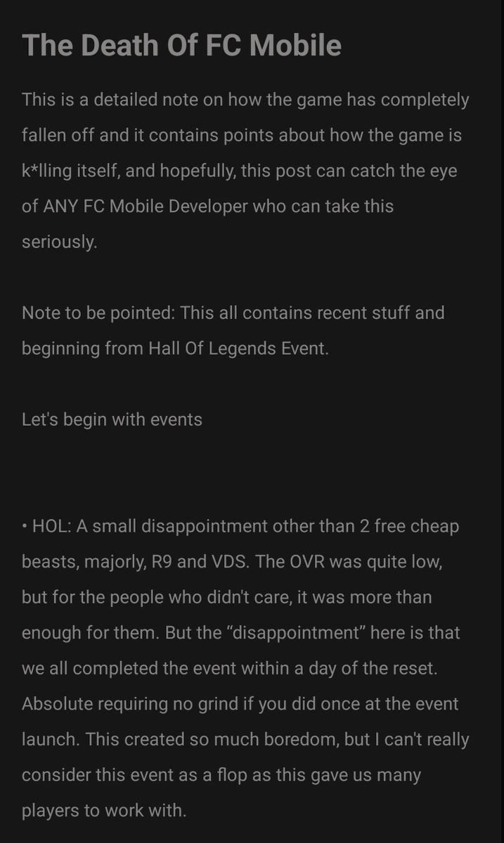BackMossPlayz's tweet photo. IMPORTANT POST.

Reminder: THERE ARE 8 ATTACHMENTS. 4 in this, and the other 4 in the replies. Check them out if you're interested and can afford to use your time on reading them.

Talking about the current state of FC Mobile.

The game is slowly k*lling itself, and here are some of my points why it happened, and I need your guys help, if you read it, conclude more points so I'll be making another post later on how we can get together as a community to fight against it possibly. 

We together should stand as a community to overcome against this and possibly change the game.

And, we should perhaps stop spending money on the game from now as it's clearly not worth it. Some people spend thousands of FC points to get a sh!t cards and garbage rewards.

Your support and your replies shared will be appreciated. 

Repost, share, like, comment as much as you can so it can reach everyone. 

@tutiofifa @kean_eafc @minusfcmobile @Nikolas7FC @FcBrownYT @GWM9MOP @ShreyP21 @MariusMM06 @Nakata767  @FCM_GAMINGREAL @ea_fcmobile_ @ChaplotGarv @vup018 @MeeerSzn @FCMobileCrew @Ea_FcMogul
@FirstHalfYT @KJavierFM @EAFCUniverse24 @abhayv5545 @Akash62455881 @DrPinguPlays
@Amar__FC @khoonigamingg @Azraelgaming18 @Neonfc24 @Archlordyt02 @ea_fcmobile_ @EAFCMobileForum @SGamerFC @FcBrownYT @FCMobileCrew @BudRup_Gamer @GigaXGame @fcmobileenews @Sappurit @artemii4fifa @minusfcmobile @solaprise2 @itsrazzhd @TASGAMING04 @MysterioDeYT @IvanEAFC @PhanMinhHauFFM