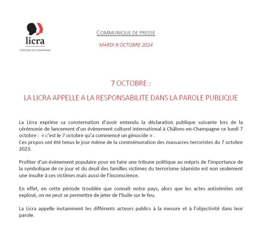 [ Communiqué de presse ]

"7 octobre : la Licra appelle à la responsabilité dans la parole publique"