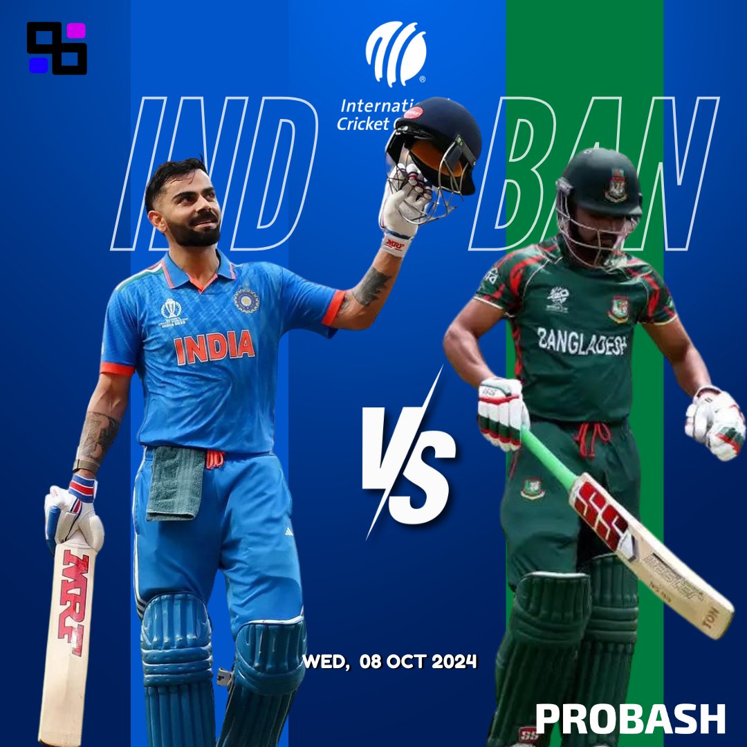 Probashofficial's tweet image. Get ready for an epic clash as India takes on Bangladesh in today&apos;s thrilling cricket match! 🏏🔥 Who are you backing to take home the win? #INDvsBAN #CricketFever
