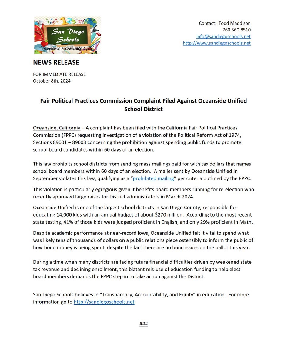 Fair Political Practices Complaint filed against Oceanside Unified.

Since when is it acceptable for a government agency to promote the election of political candidates?