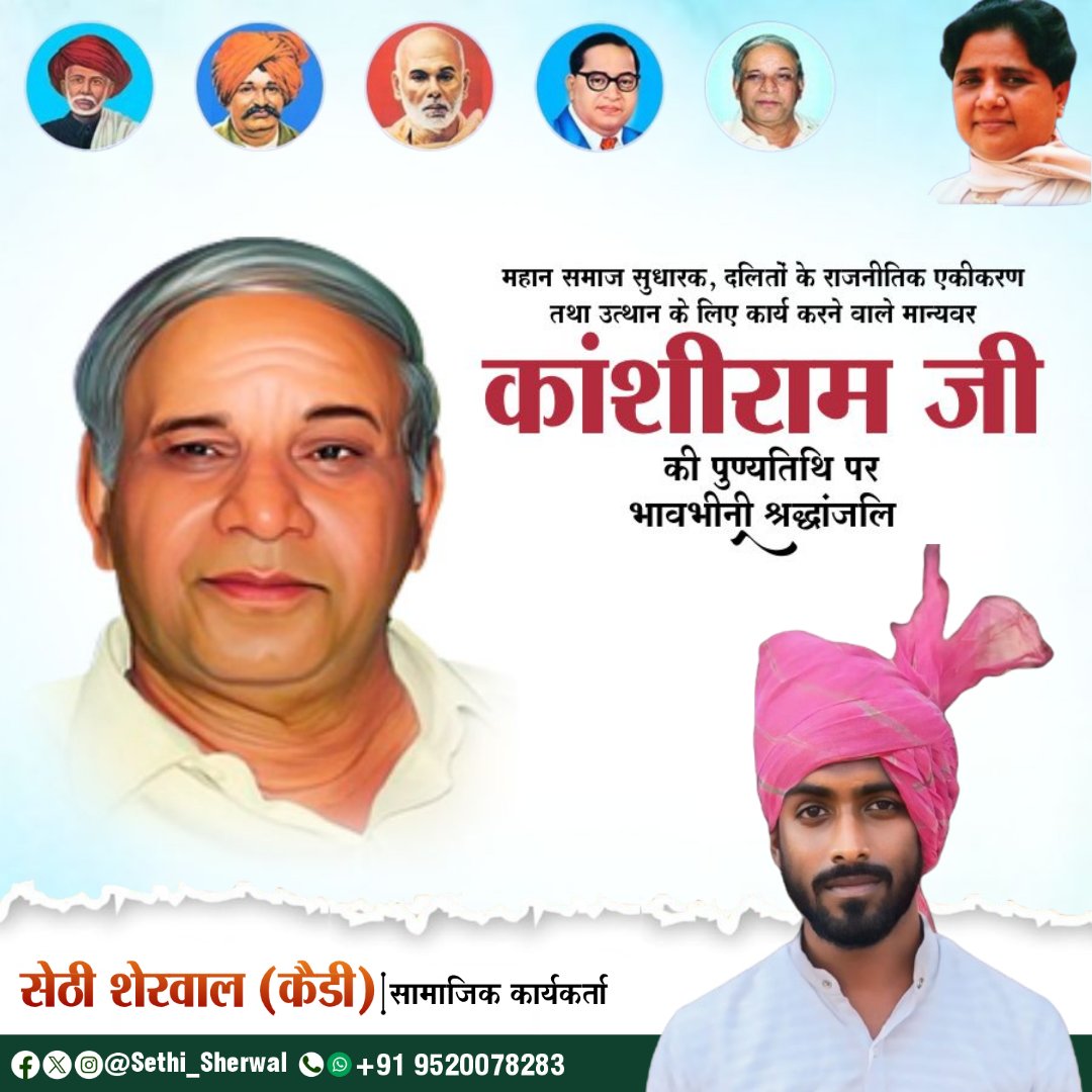 दलित, शोषित, वंचित एवं पिछड़ों के मसीहा, महान बहुजन नायक मान्यवर श्री कांशीराम जी की  पुण्यतिथि पर भावभीनी श्रद्धांजलि एवं कोटि कोटि नमन।
<a href="/Mayawati/">Mayawati</a> <a href="/bspindia/">Bahujan Samaj Party</a> <a href="/AnandAkash_BSP/">Akash Anand</a>