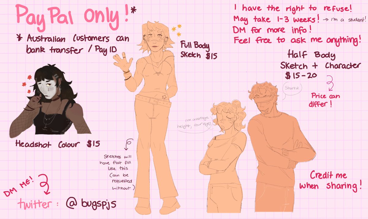 bugspjs's tweet image. [REPOST] im officially taking commissions ! 💛 please be aware of time zones if im slow to respond :)