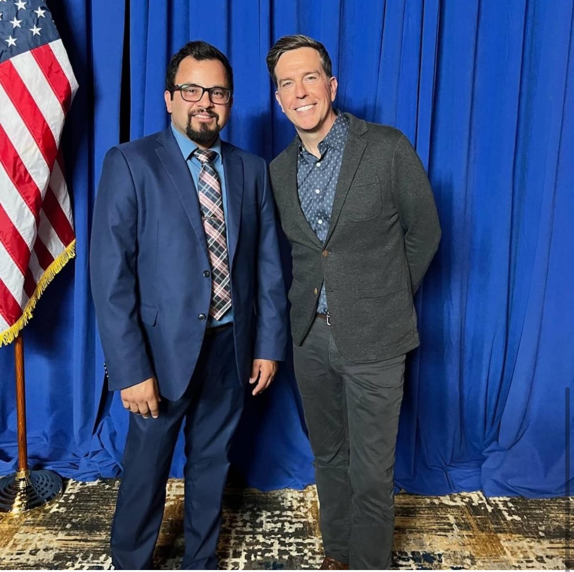 Teamsters533's tweet photo. We are proud of 533 member &amp; Teamsters LGBTQ+ VP Andrew Rivas. He had the honor of introducing VP candidate @GovTimWalz at tonight's rally. He did such a great job that @edhelms stopped to give Andrew kudos. ✊ https://t.co/Ek1S36kXaG