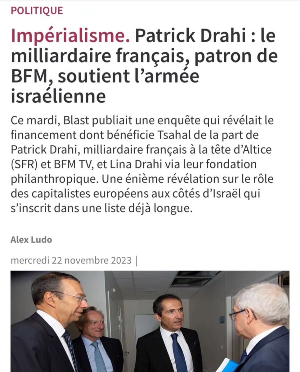 Bonjour <a href="/BFMTV/">BFM</a> depuis le début du génocide jusqu’en juillet 2024, le patron de BFM était un fervent soutien de l’armée génocidaire israélienne.