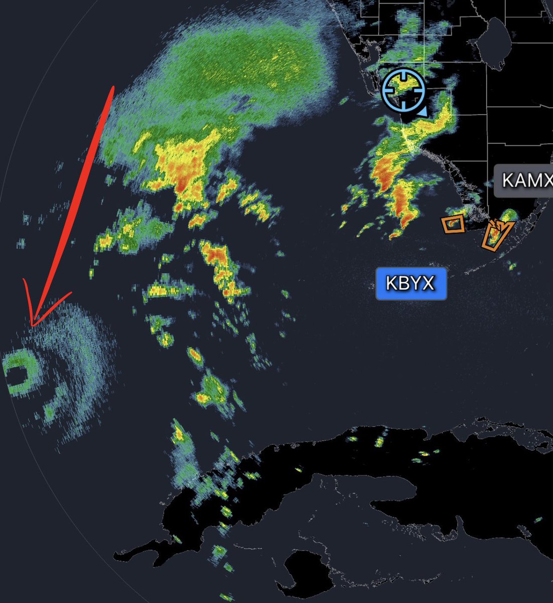 MikeTheiss's tweet photo. The small eyewall and eye of Hurricane #Milton is coming into range of the Key West radar site. This destructive ring of compacted thunderstorms is less than 300 miles from the coast of Florida. Now we can closely monitor any sudden change in direction or wobbles with precision. https://t.co/FiSfURG2eM
