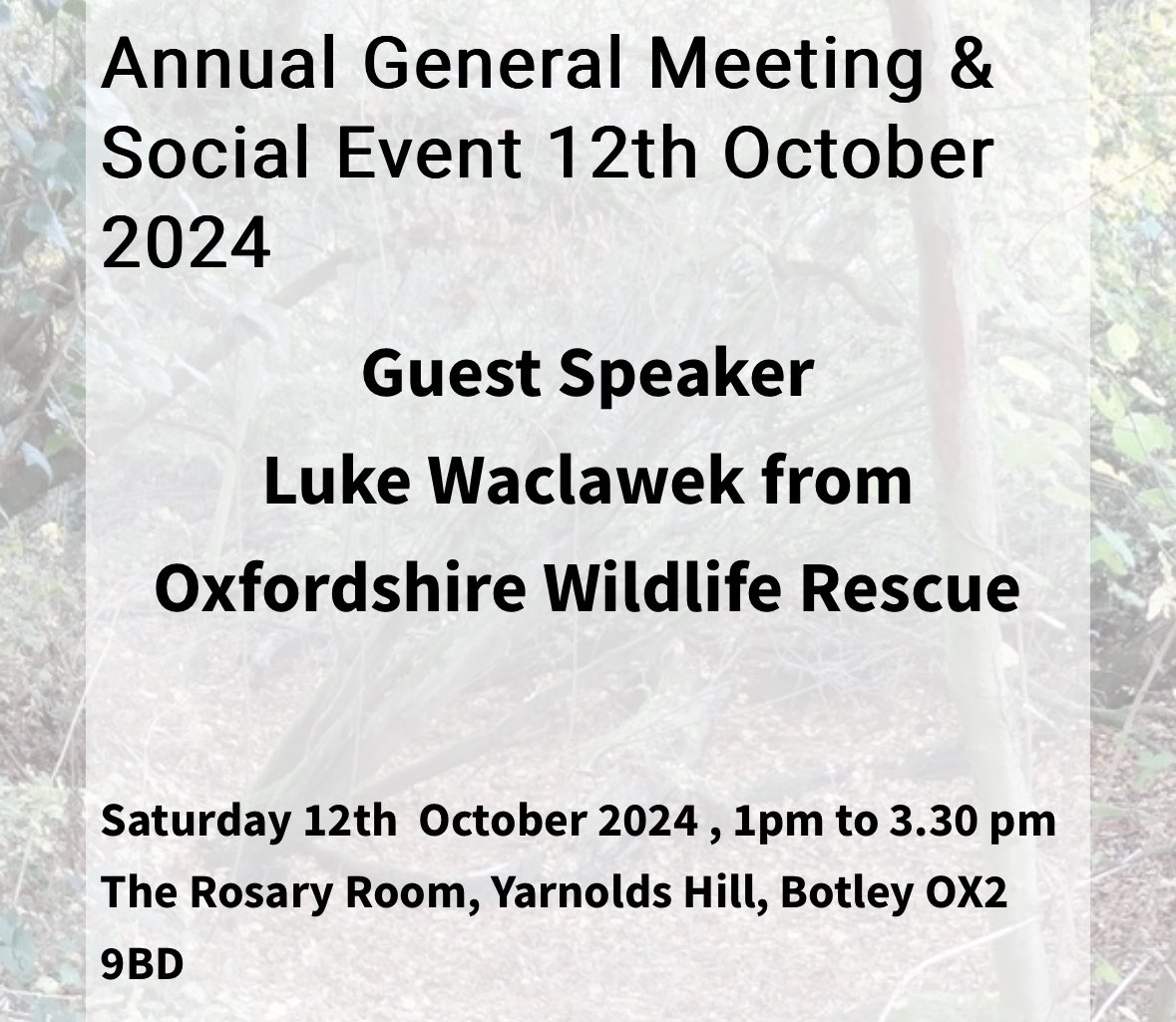 OxonBadgers's tweet photo. Just a reminder that it’s our AGM this Saturday and we have the brilliant Luke Waclawek from @OxonWildRescue as a speaker. 

All welcome but only members can vote.

https://t.co/1oJSNoAjY1

#Brocktober https://t.co/dE1vWNa3Vx