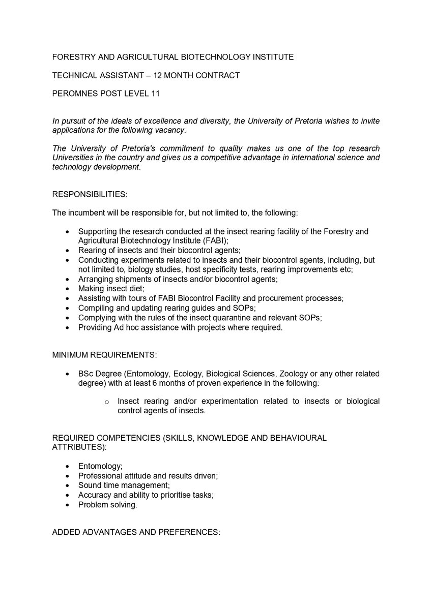 Fabiteam1's tweet image. 📢We're hiring!

We have a job opening at our Biocontrol Facility for an enthusiastic and motivated Technical Assistant to work with our insect colonies. 🪲🔍 If you or someone you know is interested, please see details below. 

📅Applications close on 16 October.