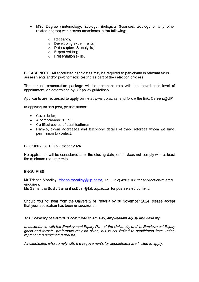 Fabiteam1's tweet image. 📢We're hiring!

We have a job opening at our Biocontrol Facility for an enthusiastic and motivated Technical Assistant to work with our insect colonies. 🪲🔍 If you or someone you know is interested, please see details below. 

📅Applications close on 16 October.