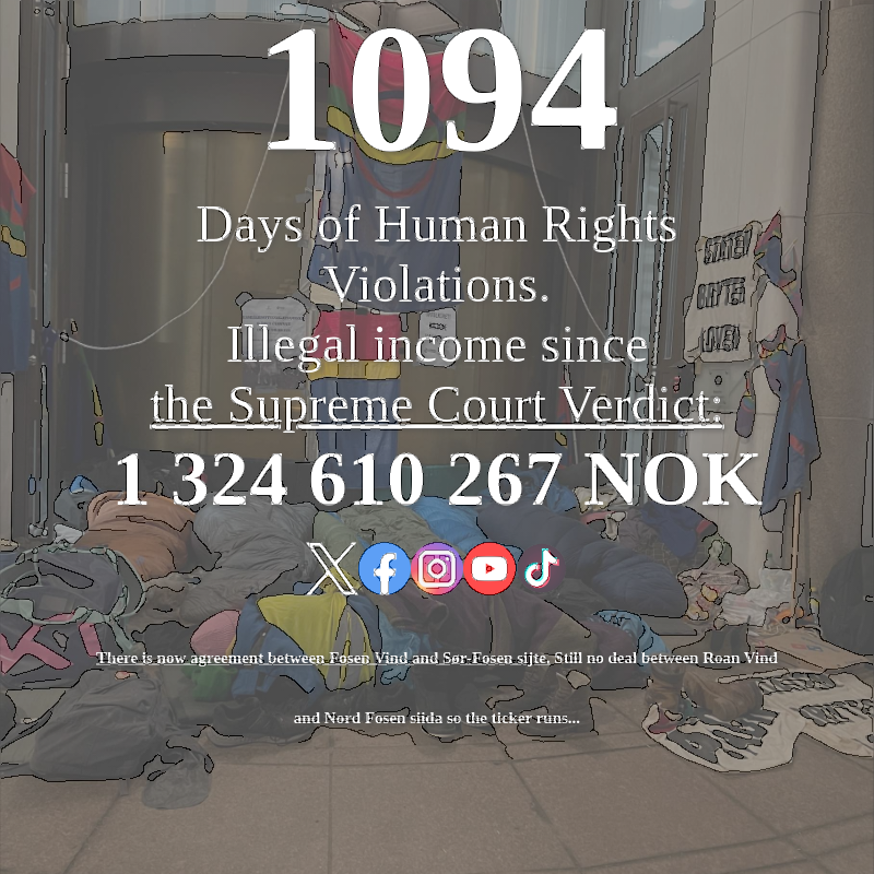 FosenTicker's tweet image. 1094 days and counting!
Let’s make Fosen a symbol of justice and respect for indigenous rights. @Statkraft, take action now. #Fosen #SymbolOfJustice #JusticeOverMoney
bit.ly/spcfosen
bit.ly/fosenticker