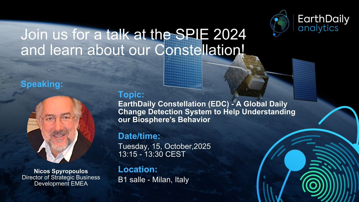 Heading to #IAC2024 in Milan? Connect with EarthDaily’s Nicos Spyropoulos! He’ll present on EarthDaily Constellation’s role in global monitoring, Oct 15, 13:15-13:30, B1 Salle. Nicos is available for meetings all week—don’t miss it! bit.ly/3NhpV4b
#EarthObservation