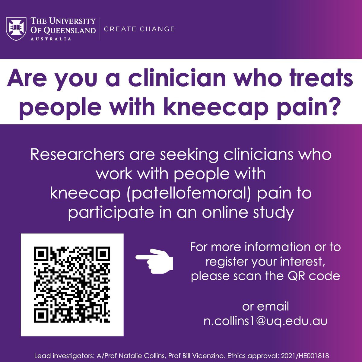 Are you a clinician who treats people with patellofemoral pain (kneecap pain)? 

We would love your help to identify core domains for people with PFP.

👉 uniofqueensland.syd1.qualtrics.com/jfe/form/SV_8q…