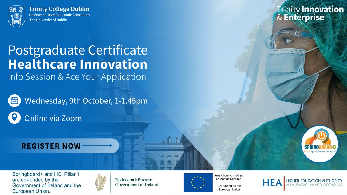 TCDPortal's tweet image. It's today! Last chance to register to our info session at 1pm: hubs.la/Q02Sf9Bz0
This Postgraduate Certificate in Healthcare Innovation is funded by Springboard+. It's either free or costs €380, depending on eligibility. This session will help you to ace your application.