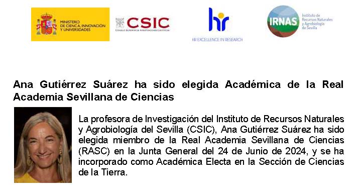IRNAS_CSIC's tweet photo. La profesora de Investigación del @IRNAS_CSIC , Ana Gutiérrez Suárez ha sido elegida miembro de la Real Academia Sevillana de Ciencias (RASC) en la Junta General del 24 de Junio de 2024, y se ha incorporado como Académica Electa en la Sección de Ciencias de la Tierra. https://t.co/cDV604AuYl