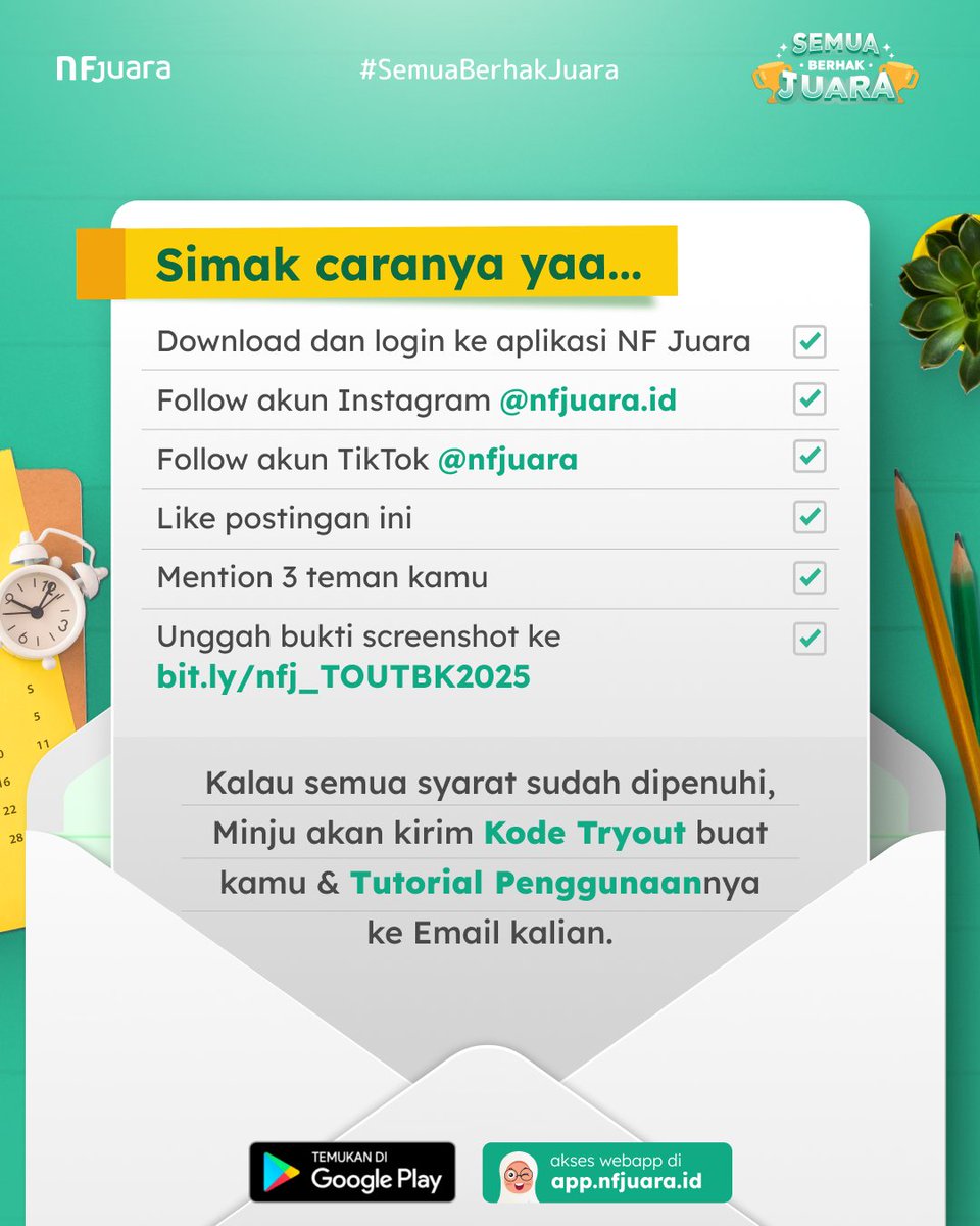 nfjuara's tweet photo. 📣 TRYOUT SNBT 2025 GRATISSSS lagii buat kalian pelajar di seluruh Indonesia! 🔥🔥🔥

Benefit:  
✅ Tryout 7 Subtes TERBARU 
✅ Hasil &amp; Pembahasan
✅ Ranking &amp; Prediksi kelulusan
✅ Rekomendasi PTN dan jurusan

Pelaksanaan TO: 
🗓️ 28 Okt- 3 Nov 2024

Cek caranya di bawah yaa 👇 https://t.co/epAte5MTR7
