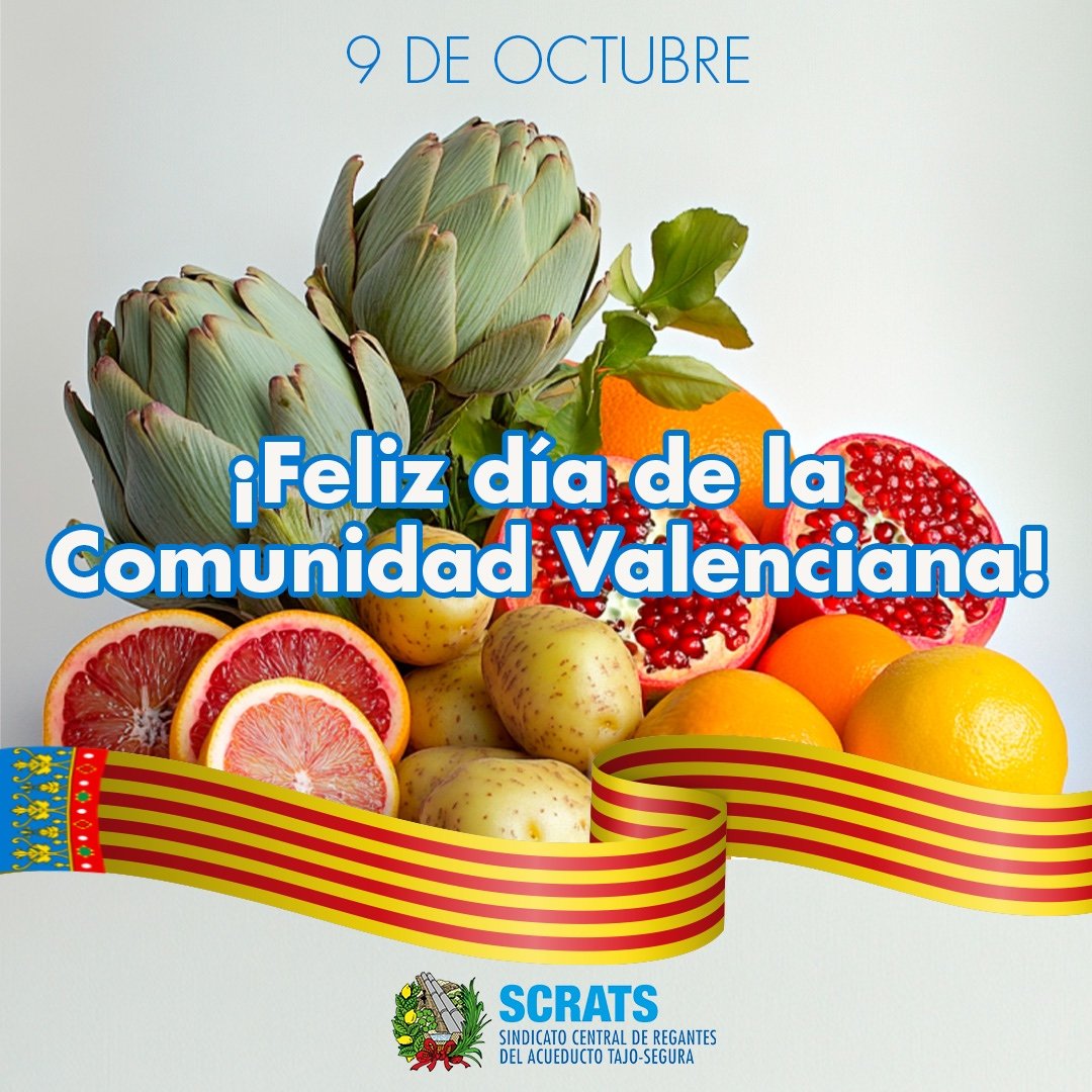 scrats_regantes's tweet photo. 9 DE OCTUBRE: ¡Feliz día de la Comunidad Valenciana a todas las #valencianas y #valencianos! Y en especial, a las #agricultoras y #agricultores alicantinos, que con su trabajo incansable proveen de fantásticos alimentos las mesas de medio mundo.
¡GRACIAS POR VUESTRO ESFUERZO! https://t.co/Fiz9U5yN7l