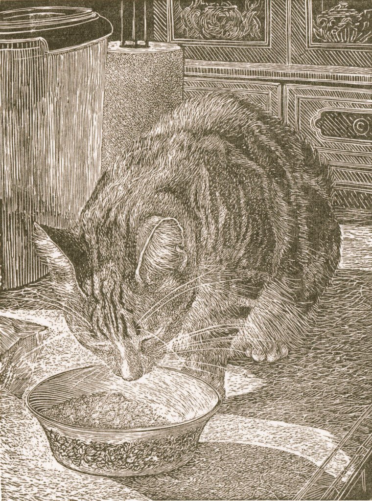 Ann Tout,
'Breakfast with Tiffany',
Contemporary printmaker
wood engraving #WomensArt