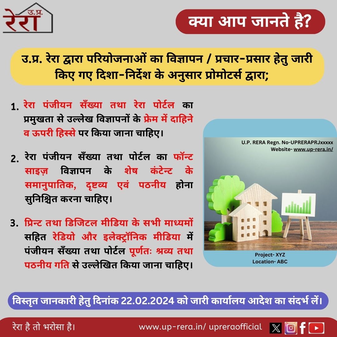 UPRERAofficial's tweet image. प्रोमोटर्स अपनी रियल एस्टेट परियोजनाओं का किसी भी माध्यम से विज्ञापन तथा प्रसार-प्रचार करने के पूर्व रेरा के दिनांक 22.02.2024 के कार्यालय आदेश के दिशा-निर्देशों का अनुपालन करना सुनिश्चित करें।
कार्यालय आदेश- up-rera.in/pdf/PromotionD……
#UPRERA #ProjectPromotion #marketing