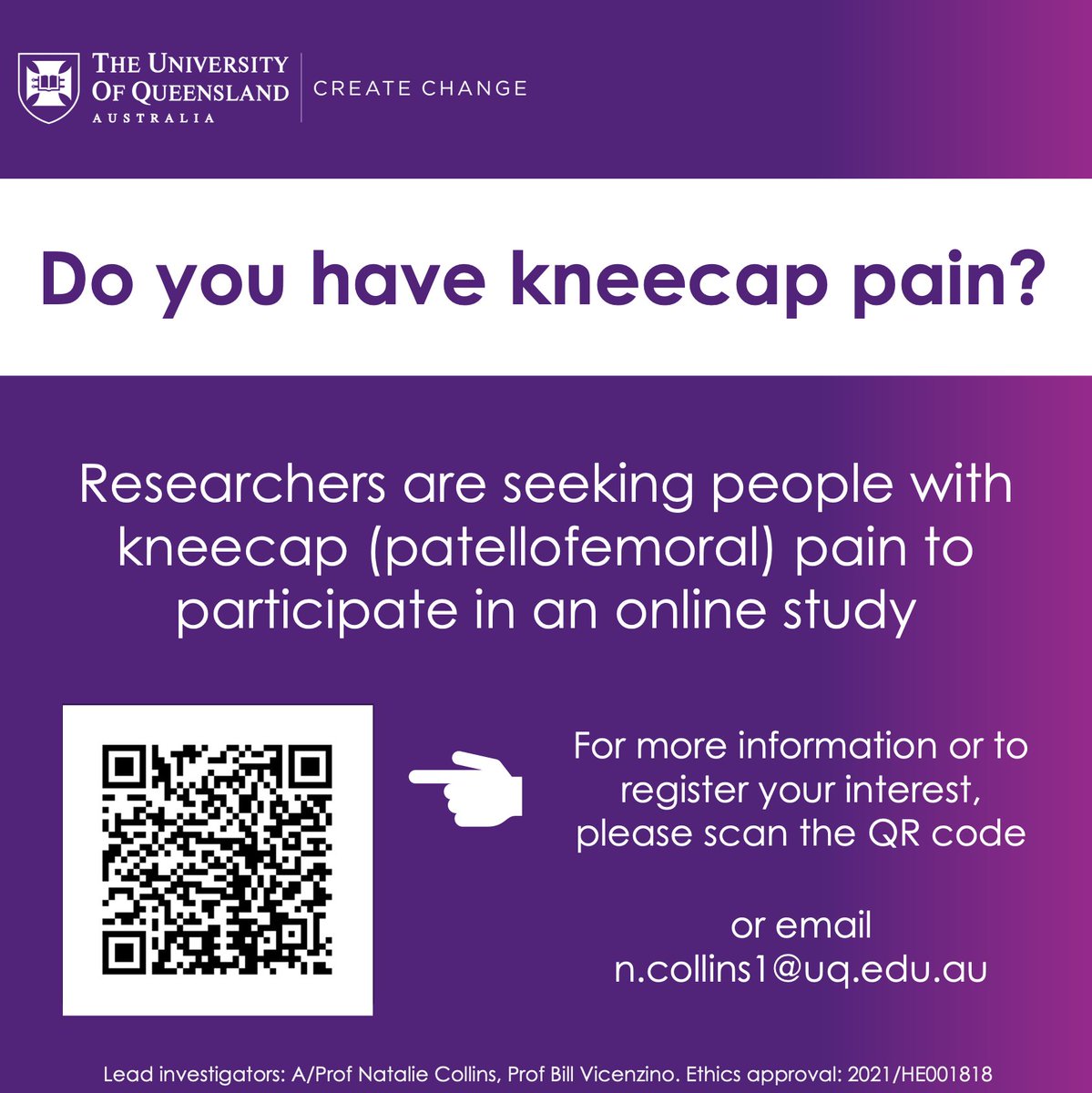 Do you have kneecap pain? 🏃🏋️🧘

We would love your help to better understand kneecap pain, and how it affects people's lives.

👉 uniofqueensland.syd1.qualtrics.com/jfe/form/SV_8q…