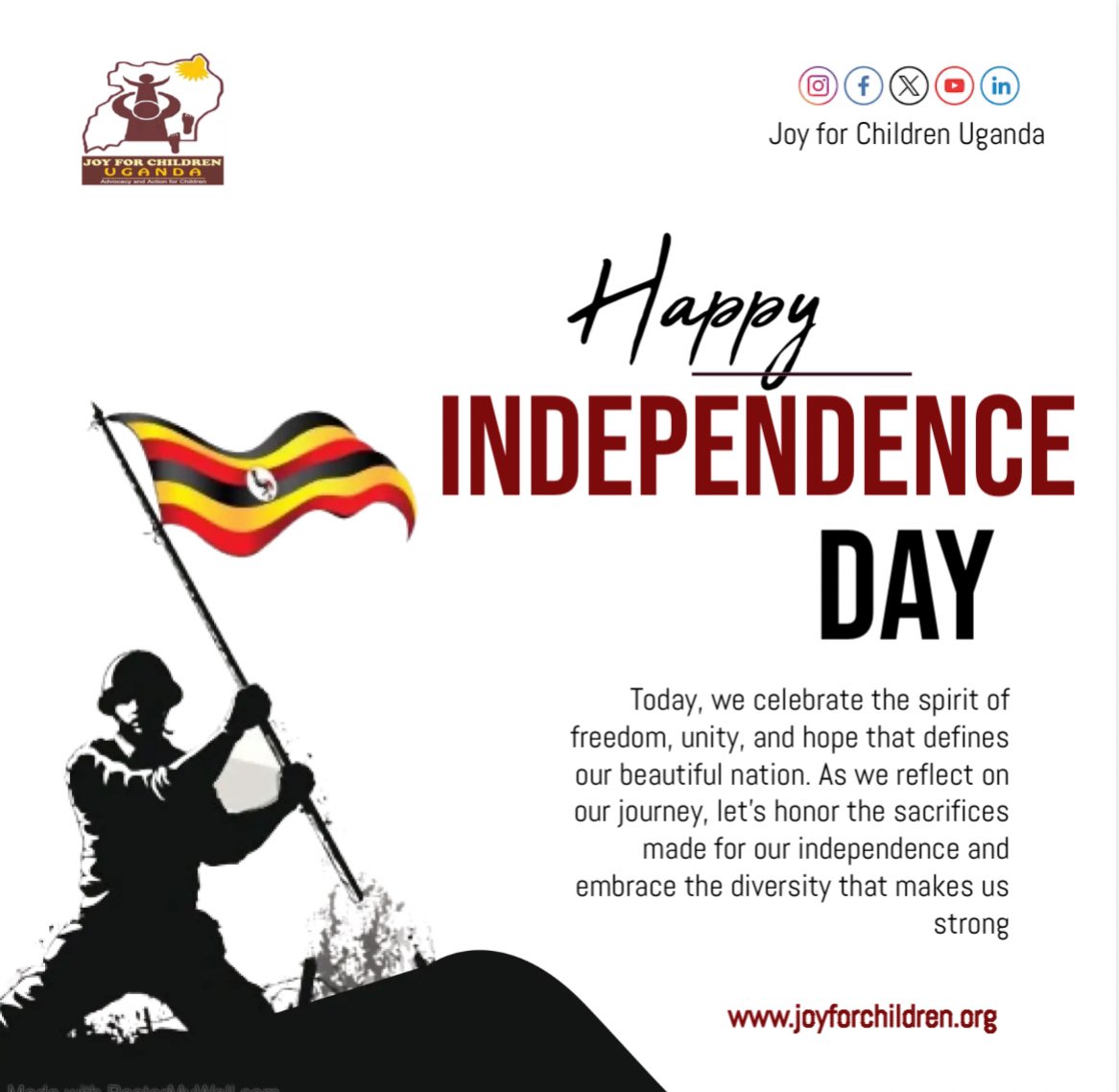 JOYFORCHILDREN's tweet photo. As Uganda celebrates its Independence Day, we reflect on the true meaning of freedom. While we honor our nation’s journey, lets ensure that Uganda’s independence translates into freedom and opportunity for every child.
#HappyIndependenceDay
#ThisIsUg https://t.co/tNBrlI31L8